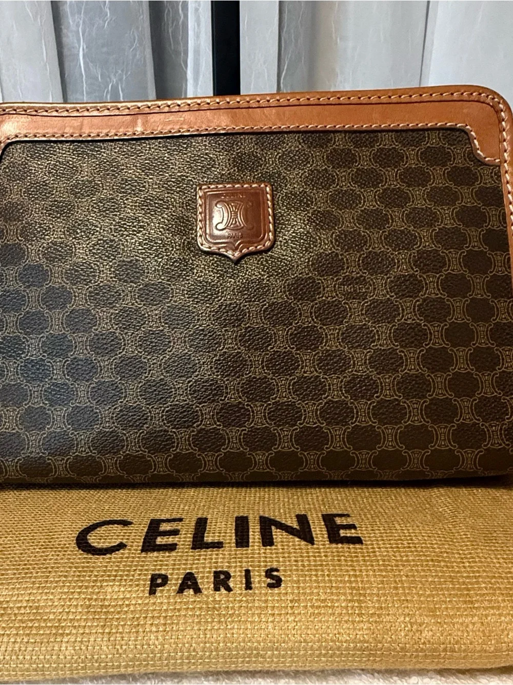 Vintage Celine Macadam Triomphe Monogram Clutch/Toiletry Pouch with Tan Trim